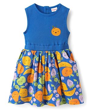 Babyhug Single Jersey Knit Sleeveless Frock with Fruits Print & Patch Detailing - Blue