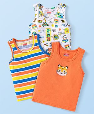 Babyhug 100 % Cotton Knit Sleeveless Sando with Animal Print & Stripes Pack of 3 - Orange & White