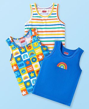 Babyhug 100% Cotton Knit Sleeveless Sando With Stripes & Smiley Print Pack Of 3 - Blue