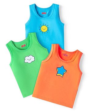 Babyhug 100% Cotton Knit Sleeveless Sandos With Cloud & Star Print Pack of 3 - Blue Red & White
