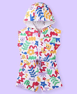 Babyhug Cotton Knit Half Sleeves Hooded Jumpsuit with Floral Print - White