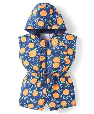 Babyhug Cotton Knit Half Sleeve Hooded Jumpsuit with Orange Print - Navy Blue