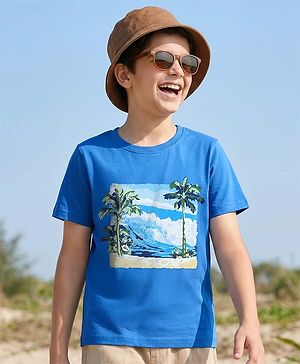Pine Kids Cotton Knit Half Sleeves T-Shirt With Beach Theme Print - Blue