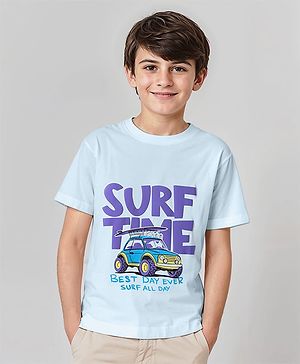 Pine Kids Cotton Knit Half Sleeves T-Shirt With Surf Time Text Print - Light Blue