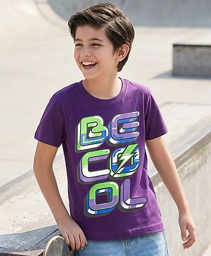 Pine Kids Cotton Knit Half Sleeves T-Shirt With Be Cool Text Print - Purple