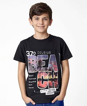 Pine Kids Cotton Knit Half Sleeves T-Shirt with Beach Theme Print - Black