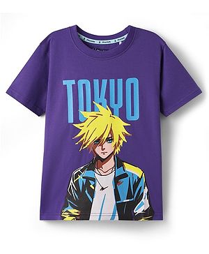 Pine Kids Cotton Knit Half Sleeves T-Shirt With Tokyo Text Print - Purple