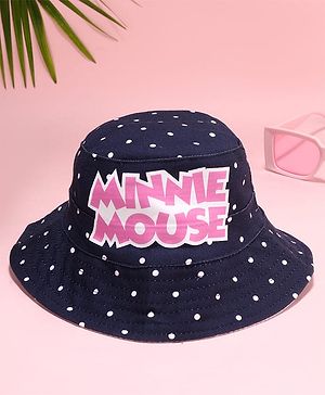 Babyhug Cotton Woven Bucket Hat with Polka Dot Print & Minnie Mouse Graphic Navy Blue - Diameter 17 cm