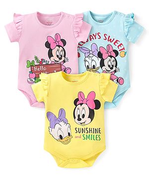 Babyhug Disney Interlock Knit Half Sleeves Onesies with Minnie Mouse Graphics & Frill Detailing Pack of 3 - Yellow Light Blue & Pink