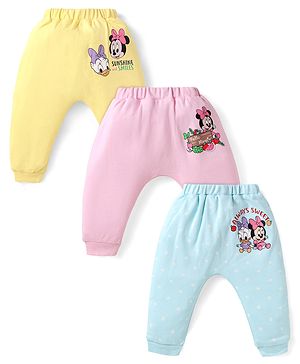 Babyhug Disney Interlock Knit Full Length Diaper Leggings With Minnie Mouse Graphics Pack of 3 - Pink Light Blue & Yellow
