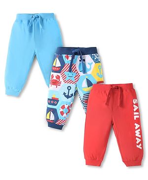 Babyhug Cotton Terry Full Length Jogger Fit Lounge Pants with Ribbed Waist & Marine Theme Print Pack of 3 - Red & Blue