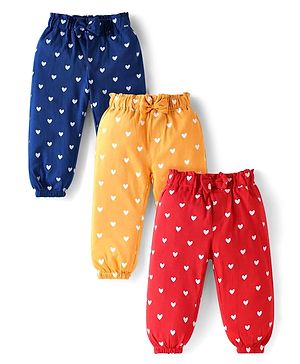Babyhug Terry Knit Full Length Lounge Pants with Hearts Print & Bow Applique Pack of 3 - Red Yellow & Blue