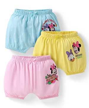 Babyhug Disney Interlock Knit Bloomers with Minnie Mouse Graphics Pack of 3 - Yellow Pink & Light Blue