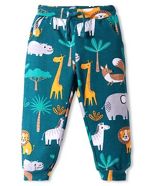 Babyhug Cotton Knit Full Length Lounge Pant with Animals Print - Dark Green