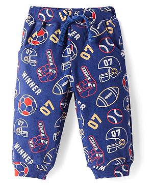 Babyhug Cotton Knit Full Length Lounge Pant with Sports Theme Print - Navy Blue