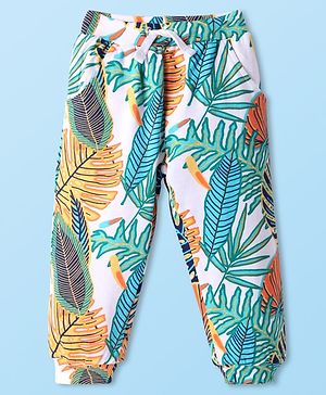 Babyhug Cotton Knit Full Length Lounge Pant with Tropical Theme Print - White & Green
