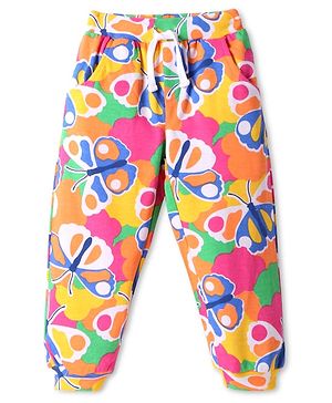 Babyhug Cotton Knit Full Length Lounge Pant with Butterfly Print - Multicolor
