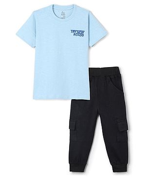 Funkrafts Cotton Half Sleeves Try New Roads Text Embroidered Tee & Joggers Set - Sky Blue & Black