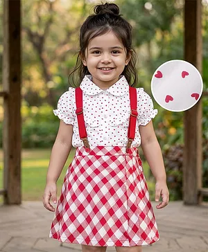 ToffyHouse Cotton Half Sleeves Heart
                              Printed Frilled Top With Checkered Skirt -
                              Dark Red