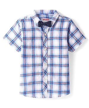Babyhug Cotton Woven Half Sleeves Checkered  Shirt with Bow - Blue & White