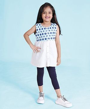 Kiddopanti Cotton Sleeveless Abstract Printed Top With Capri Leggings - Green Blue & Navy