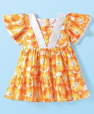 Babyhug Cotton Woven Half Frill Sleeves Frock with Floral Print - Orange