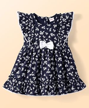 Babyhug Cotton Woven Frill Sleeves Frock with Floral Print & Bow Applique - Navy Blue