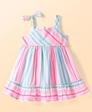 Babyhug Cotton Woven Sleeveless Striped Frock - Pink & Blue