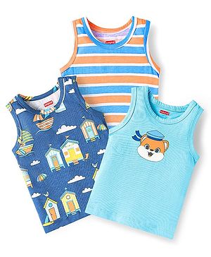 Babyhug 100% Cotton Single Jersey Knit Antibacterial Sandos With Stripes & Boat Print Pack Of 3 - Blue Light Blue & Orange