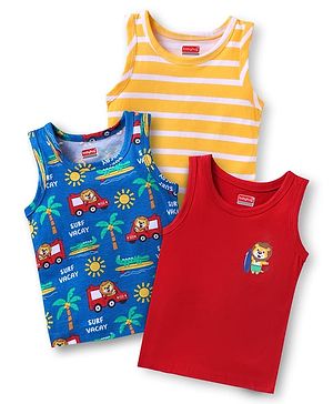 Babyhug 100% Cotton Knit Antibacterial Sleeveless Sandos with Stripes & Vehicle Print Pack of 3 - Navy Blue Red & Yellow