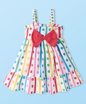 Babyhug Cotton Woven Singlet Sleeves Frock With Polka Dot Print & Bow Applique - White