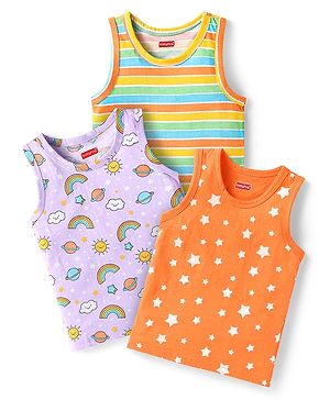 Babyhug 100% Cotton Single Jersey Knit Sleeveless Antibacterial Sandos With Striped Rainbow & Star Print Pack Of 3 - Orange Purple & Yellow