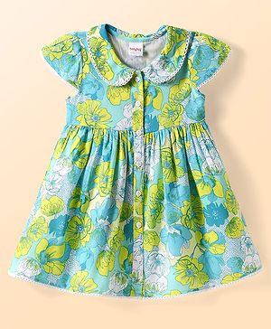 Babyhug Cotton Woven Cap Sleeves Peter Pan Collared Front Open Frock with Floral Print - Green