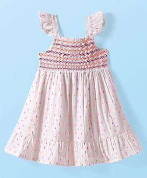 Babyhug Cotton Woven Frill Sleeves Printed Frock - White