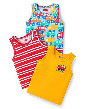 Babyhug 100% Cotton Single Jersey Knit Antibacterial Sleeveless Sandos With Striped & Vehicle Print Pack Of 3 - Red Yellow & Light Blue