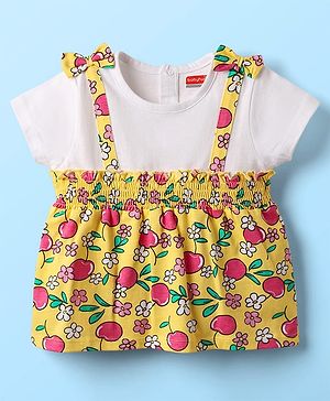Babyhug Cotton Knit Half Sleeves Top with Tropical Theme Print & Bow Applique - Yellow & White