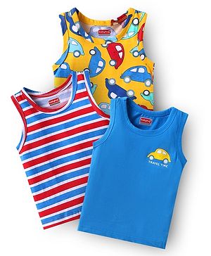 Babyhug Single Jersey Knit Sleeveless Antibacterial Sandos With Striped & Vehicle Print Pack Of 3 - Yellow Blue & Red