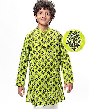 Pine Kids Cotton Woven Full Sleeves Floral Printed Kurta - Limegreen