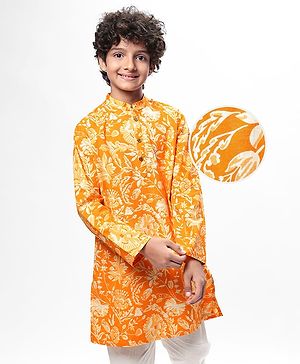 Pine Kids Cotton Woven Full Sleeves Kurta with Floral Print - Orange
