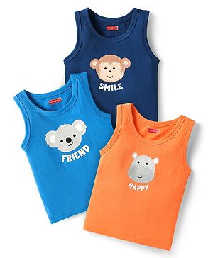 Babyhug 100% Cotton Single Jersey Knit Antibacterial Sleeveless Sandos With Animal Print Pack Of 3 - Orange Blue & Navy Blue