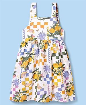 Babyhug Single Jersey Knit Sleeveless Dress With Floral & Fruit Print - White