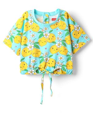 Babyhug Cotton Knit Half Sleeves Drop Shoulder T-Shirt With Tropical Print - Light Blue