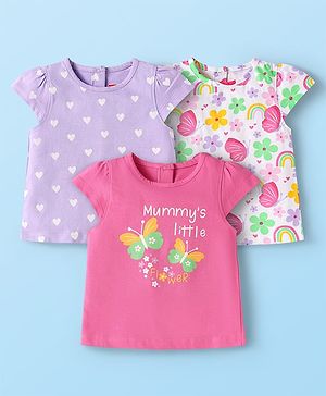 Babyhug Cotton Knit Cap Sleeves T-Shirts with Hearts & Butterfly Print Pack of 3 - Pink Lavender & White