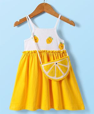 Babyhug Single Jersey Knit Sleeveless Frock with Sling Bag & Lemon Print - Yellow & White