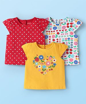 Babyhug Cotton Knit Cap Sleeves T-Shirts with Floral Print Pack of 3 - Red Yellow & White