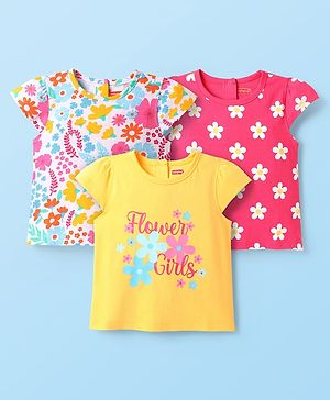 Babyhug Cotton Knit Cap Sleeves T-Shirts with Floral Print Pack of 3 - Pink White & Yellow