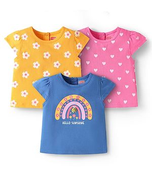 Babyhug Cotton Knit Cap Sleeves T-Shirts with Floral Hearts & Rainbow Print Pack of 3 - Yellow Blue & Pink