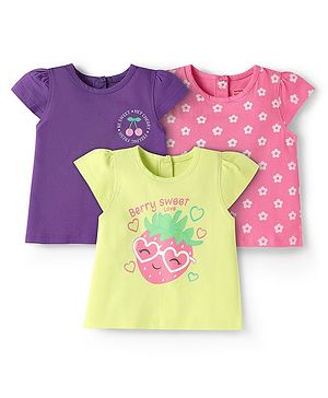 Babyhug Cotton Knit Cap Sleeves T-Shirts with Floral & Fruits Print Pack of 3 - Purple Pink & Limegreen