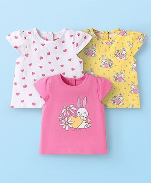 Babyhug Cotton Knit Cap Sleeves T-Shirts with Hearts & Bunny Print Pack of 3 - Pink White & Yellow