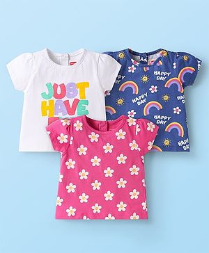 Babyhug Cotton Knit Half Sleeves T-Shirts with Text Floral & Rainbow Print Pack of 3 - Pink White & Navy Blue